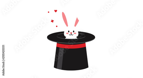 Adorable white rabbit popping out of a black magician's top hat with red hearts floating nearby for a magic show.