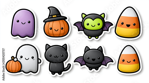 A die-cut sticker sheet of cute Halloween characters, kawaii chibi style. Including a smiling little ghost holding a pumpkin, a cute black cat wearing a witch hat, a cheerful vampi