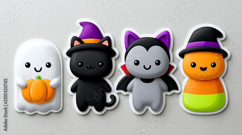 A die-cut sticker sheet of cute Halloween characters, kawaii chibi style. Including a smiling little ghost holding a pumpkin, a cute black cat wearing a witch hat, a cheerful vampi