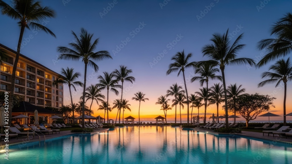 Obraz premium Luxury tropical resort swimming pool with palm trees sunset.