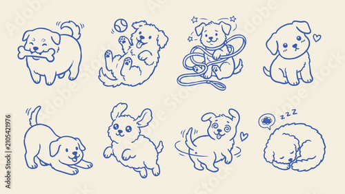 Konstfotografi Puppies doodle hand drawn cartoon vector illustration set