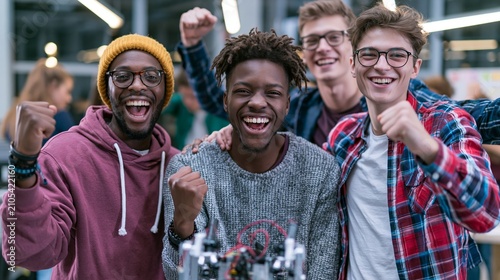 Robotics Club Members Celebrate Their Success After an Autonomous Robot Challenge
