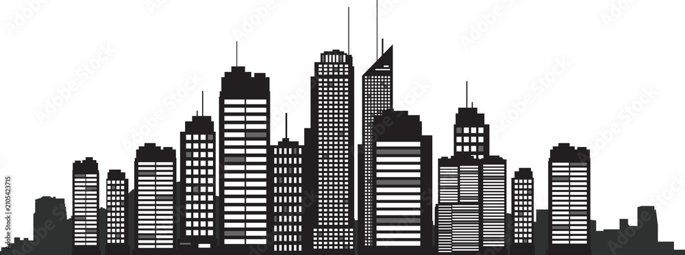 Fototapeta premium Modern city skyline illustration featuring various highrise buildings with transparent background for versatile design use transparent background