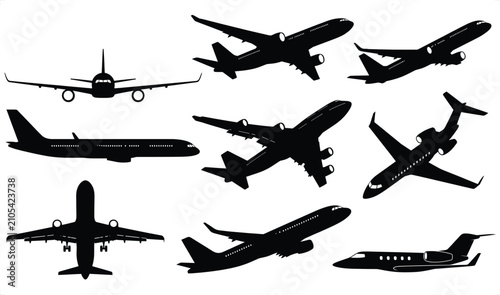 Bild auf Leinwand Various airplane silhouettes in flight against a white background vector illustr