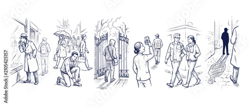Vászonkép People sketch vector illustration set of city life street scenes with detective tracking suspect, couple walking, taking smartphone photos, and mysterious shadows in a simple black line art style