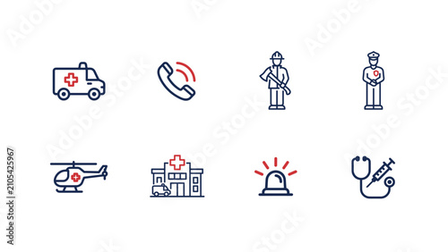 Emergency room and civic rescue flat icons - Suitable for safety publications, health clinic websites, or emergency service apps.