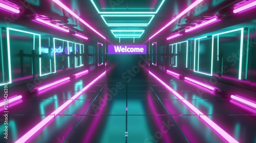 Futuristic Neon Tunnel with Welcome Sign in Bright Pink and Cyan Lights