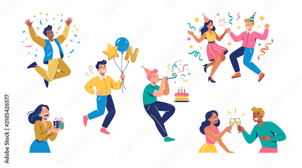 Fototapeta premium Feliz aniversario vector colorful character set. Happy people dancing, jumping with confetti, holding balloon, and toasting champagne for birthday celebration.