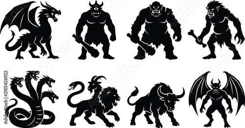 Canvastavla Mythological Monsters and Fantasy Creatures Black Silhouette Icon Set Featuring