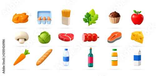 Collection of 3D food and drink icons. Set of various grocery elements, fresh ingredients, snack and beverage symbols. Digital illustration design for store, restaurant and app menu.