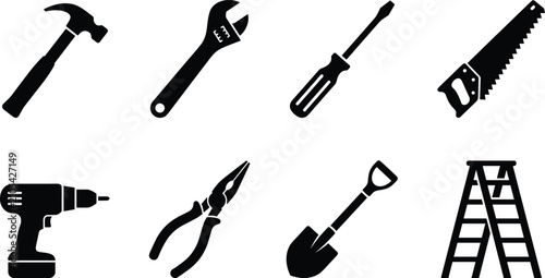 Tableau sur toile Work tools, construction equipment, and home improvement vector icons set featur