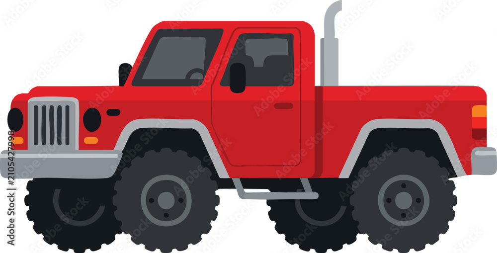 Obraz premium A bright red pickup vehicle featuring oversized heavy tires and a tall exhaust pipe for rugged terrain driving performance in transportation cargo work and extreme outdoor adventure travel