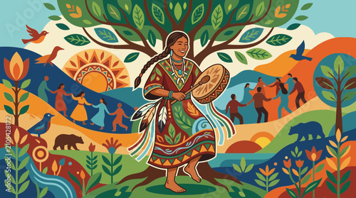 Quadro su tela Indigenous Culture Celebration with Traditional Drumming and Community Dancing