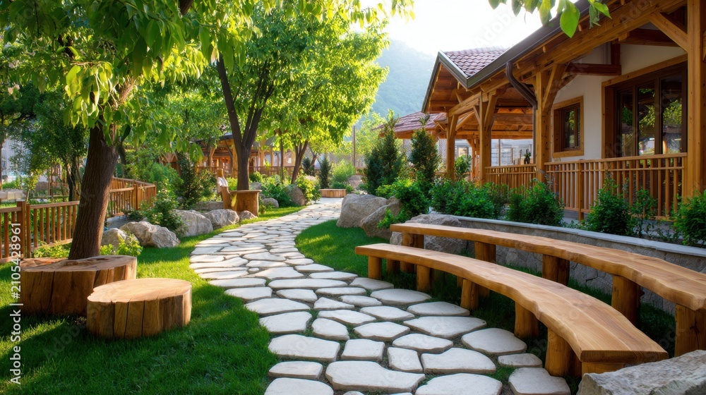 Obraz premium A peaceful garden path lined with natural stone, wooden benches, and lush greenery under sunlight