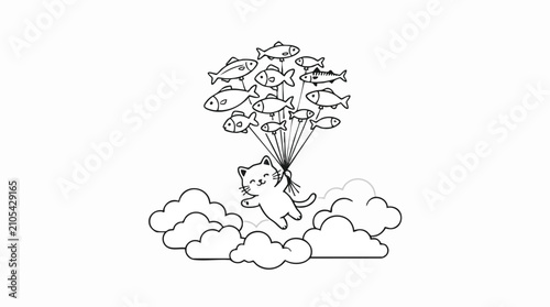 Foto A cute cartoon cat flying in the sky with fish shaped balloons illustration