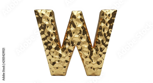Golden hammered metal letter W on white background transparent background