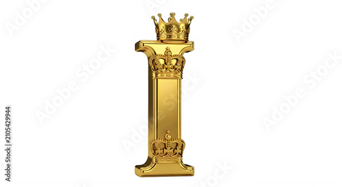 Golden letter I with crowns on top and bottom isolated on white transparent background