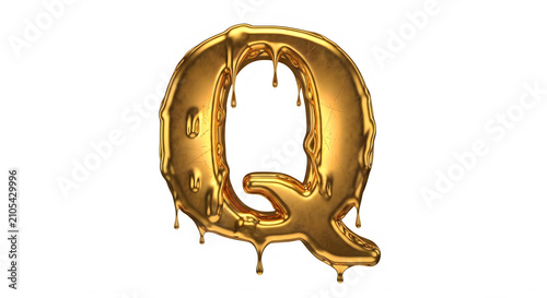Golden letter Q covered in melted gold liquid metal isolated on white background transparent background