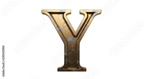 Large gold metal letter Y with worn texture and gray spots transparent background
