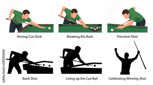 Photos Set of vector collection featuring different billiard player action poses, aimin