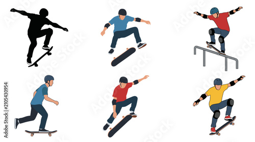 Fotografie Set of vector collection featuring different skateboarder action poses, performi