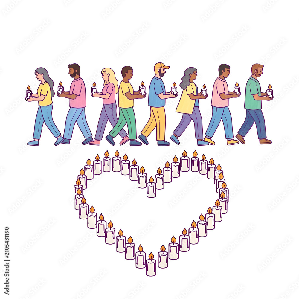 Fototapeta premium Diverse group of people walking with lit candles in a heart shape
