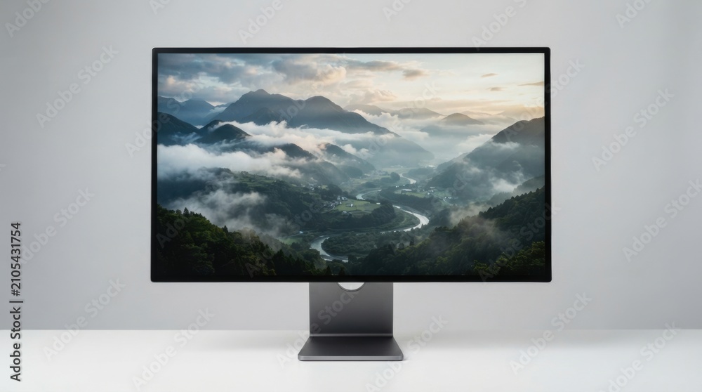 Fototapeta premium High-Resolution Modern Desktop Computer Monitor Displaying Scenic Mountain Landscape on Minimalist White Office Desk, Professional Studio Tech Setup