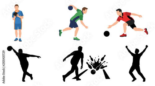 Quadro em tela Set of vector collection featuring different bowling player action poses, holdin