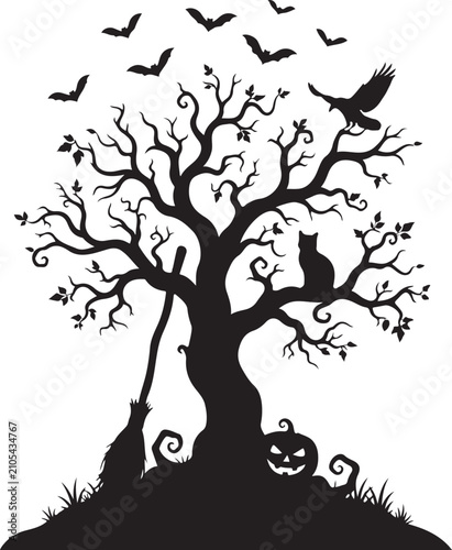 Spooky creepy tree silhouette with black cat jack o lantern and bats vector