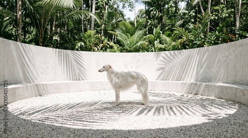 White Greyhound Standing in Minimalist Concrete Enclosure
