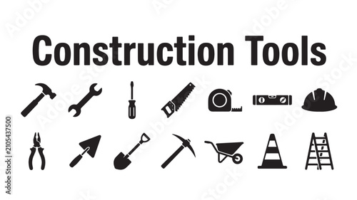 Construction tools icon set, black silhouette hardware equipment collection, 14 building and renovation tool symbols in EPS format