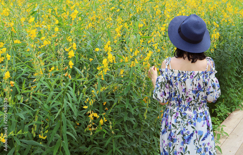 Woman Enjoy a Walk in Vibrant Yellow Madras Hemp Field