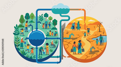 Bild auf Leinwand Water scarcity vs abundant water resources, community access to clean water