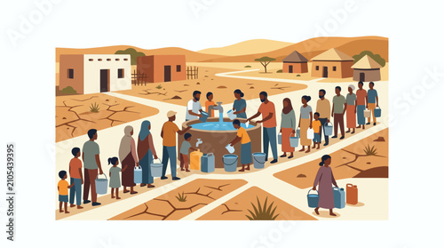 Foto Community Water Well Drought African Village People Queueing for Water