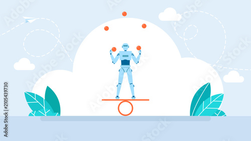 Futuristic robot juggling balls while balancing on seesaw. Artificial intelligence multitasking concept, android managing multiple tasks stability, smart tech automation. Vector illustration