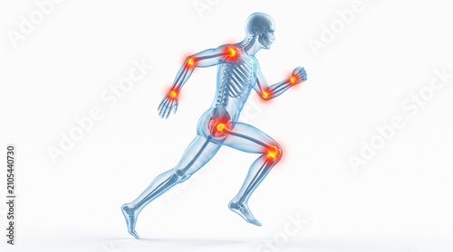 Anatomical human skeleton running with highlighted joint pain areas, skeleton inflammation
