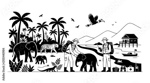 Canvas Print Wildlife Safari Adventure: Explorers Observe Elephants and Tigers in Tropical Ju