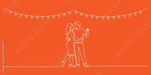 Couple Dancing Under String Lights Continuous Line Art Illustration