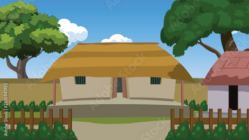 Photos Rural settlement illustration close-up featuring a clay mud hut with a wide yell