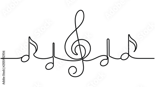 Fotografie Continuous One Line Musical Notes with Treble Clef, Music Melody Symbol, Sound H