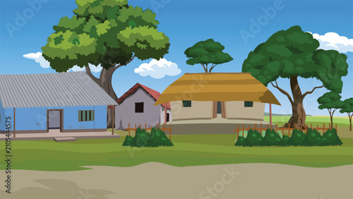 Tableau sur toile Rural settlement landscape illustration showcasing a bright blue house with a gray corrugated metal roof alongside a clay mud hut with a yellow thatched roof in an Indian village