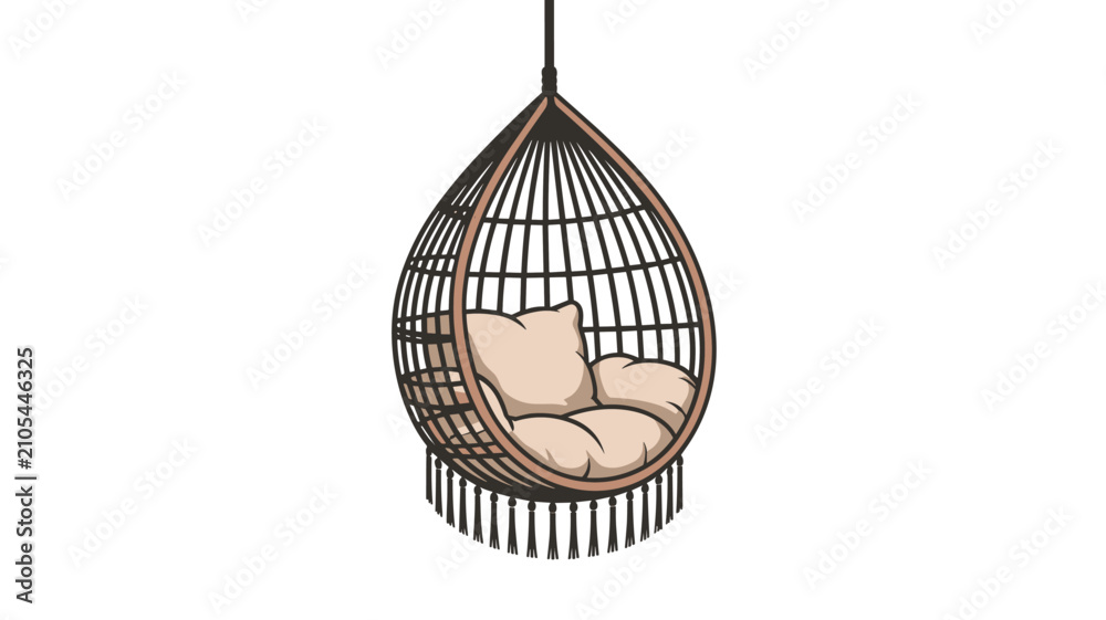 Obraz premium Cozy hanging wicker egg swing chair with comfortable cushions and fringes on a clean white background.