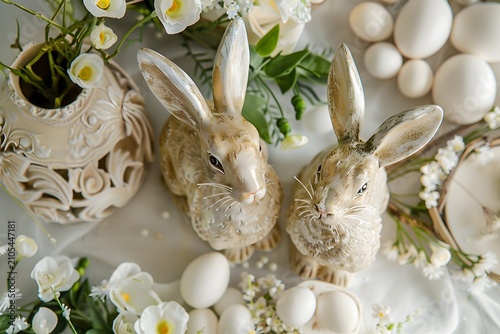 Elegant Easter Still Life with Ceramic Bunnies, Eggs, and White Flowers Arrangement