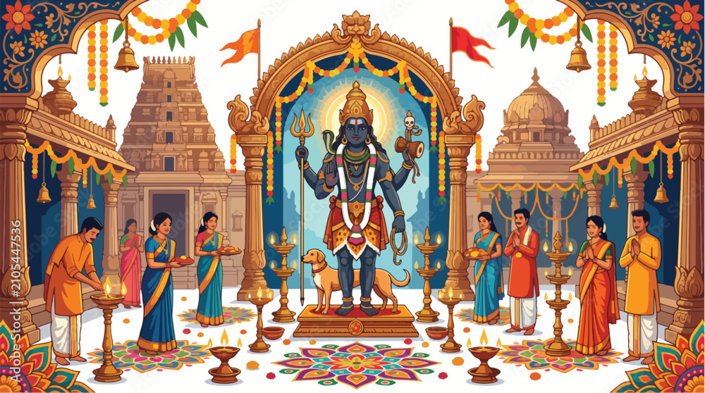 Fototapeta premium Devotees celebrate Kalabhairav Jayanti with prayers and offerings to Lord Bhairava at a grand Hindu festival honoring