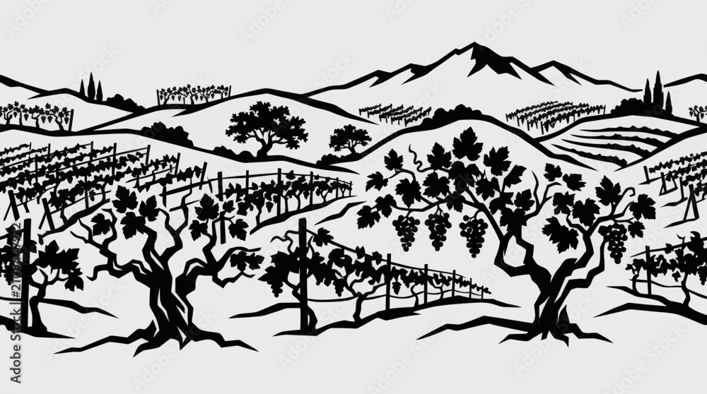 Obraz premium Vineyard landscape silhouette with hills and mountains