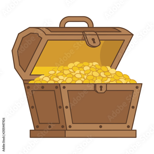 Open Wooden Treasure Chest Filled With Shiny Gold Coins Isolated On White Background