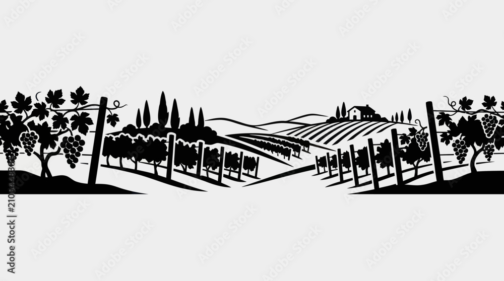 Obraz premium Vineyard landscape with rolling hills and building