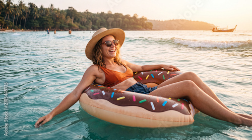 Cheerful woman floating on a donut-shaped inflatable mattress in turquoise ocean water under the summer sun. Tropical travel, beach vacation, relaxation, and joyful holiday lifestyle concept.