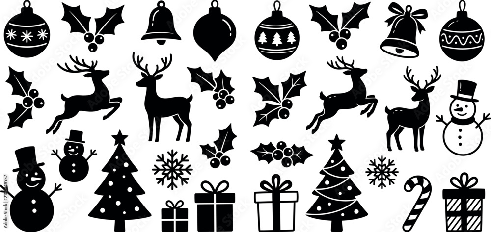 Fototapeta premium Christmas holiday icon set with reindeer snowman and festive decorations christmas reindeer