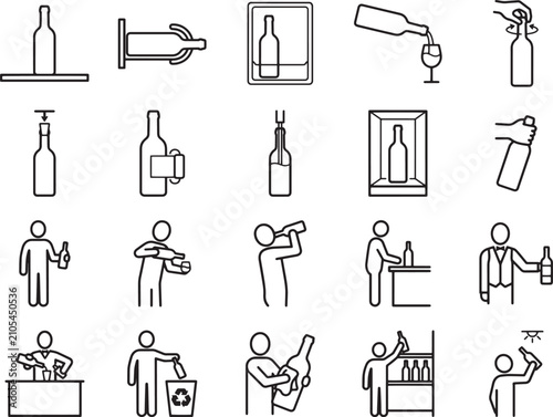 A collection of line art icons depicts various scenes related to wine and its consumption, including bottles, glasses, and people interacting with them, showcasing a range of actions and contexts.